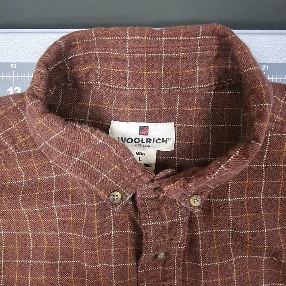 Woolrich Flannel Shirt Large Brown Plaid Dadcore Outdoors Workwear Tartan Retro - Picture 7 of 12